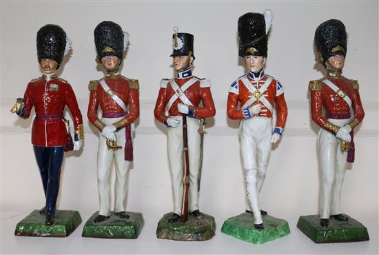 Two Dresden models of Grenadier Guards and four Sitzendorf models 27.5cm - 29cm, losses